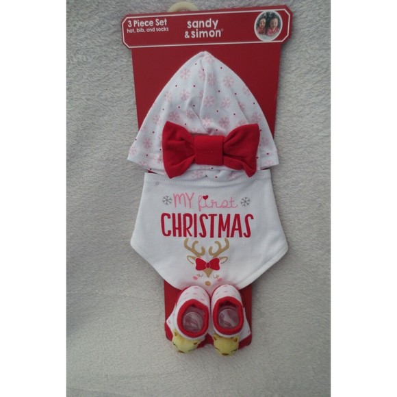 Sandy & Simon My First Christmas Set 3 Piece Set Hat Bib and Socks New - Picture 1 of 11